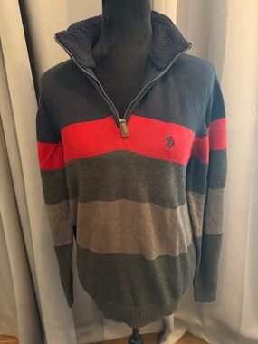 U.S. Polo Assn. Men's Zip-Up Sweater in Navy, Red, and Gray Stripes